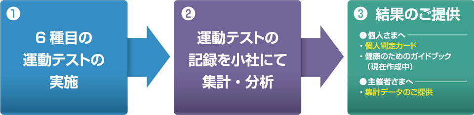 6種目の運動テストの実施→運動テストの記録を小社にて集計・分析→結果のご提供